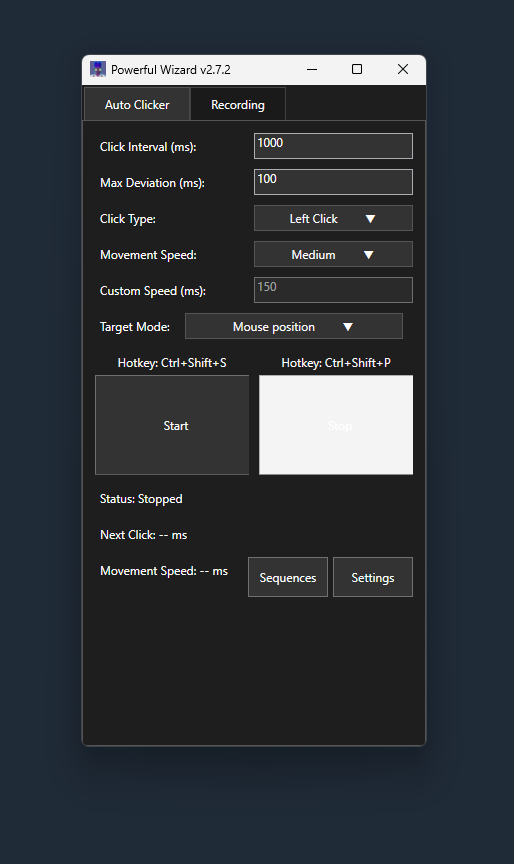 Screenshot of the main PowerfulWizard program window with interval settings and start/stop/settings buttons.