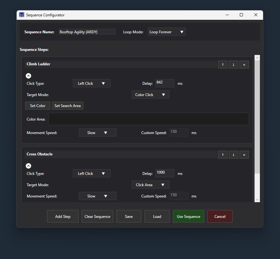 Screenshot of the Settings Configurator window for PowerfulWizard, displaying a table for each step with its timing and area clicking configuration, sequence title, loop settings and save/load buttons.